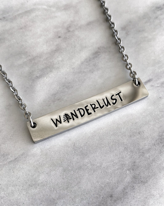 Wanderlust Bar Necklace - Minimalist Adventure Necklace - Stainless Steel Stamped Travel Necklace - Wanderlust Jewelry