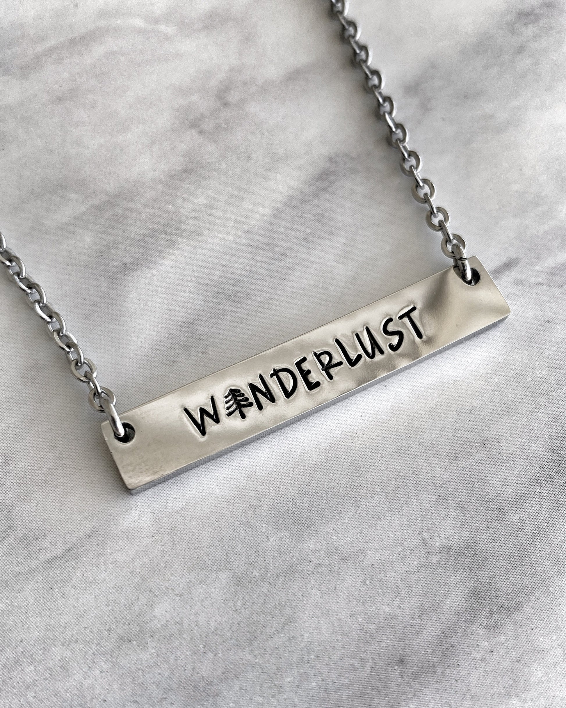 Wanderlust Bar Necklace - Minimalist Adventure Necklace - Stainless Steel Stamped Travel Necklace - Wanderlust Jewelry