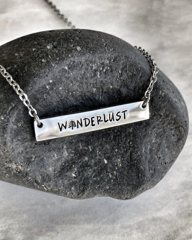 Wanderlust Bar Necklace - Minimalist Adventure Necklace - Stainless Steel Stamped Travel Necklace - Wanderlust Jewelry