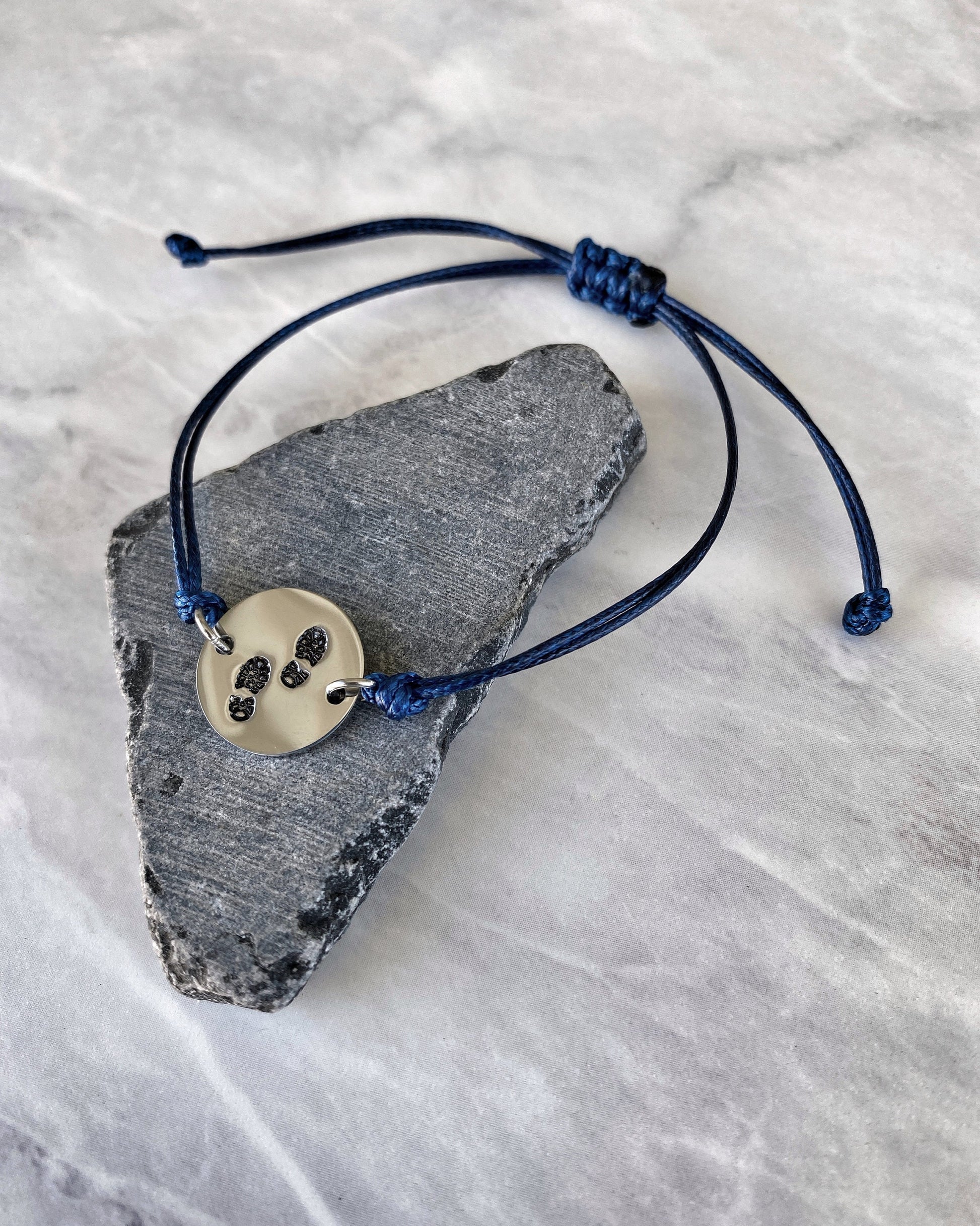 Boot Prints Stainless Steel & Cord Bracelet - Stainless Steel Hiker Bracelet - Hiker Jewelry - Stainless Steel Travel Jewelry