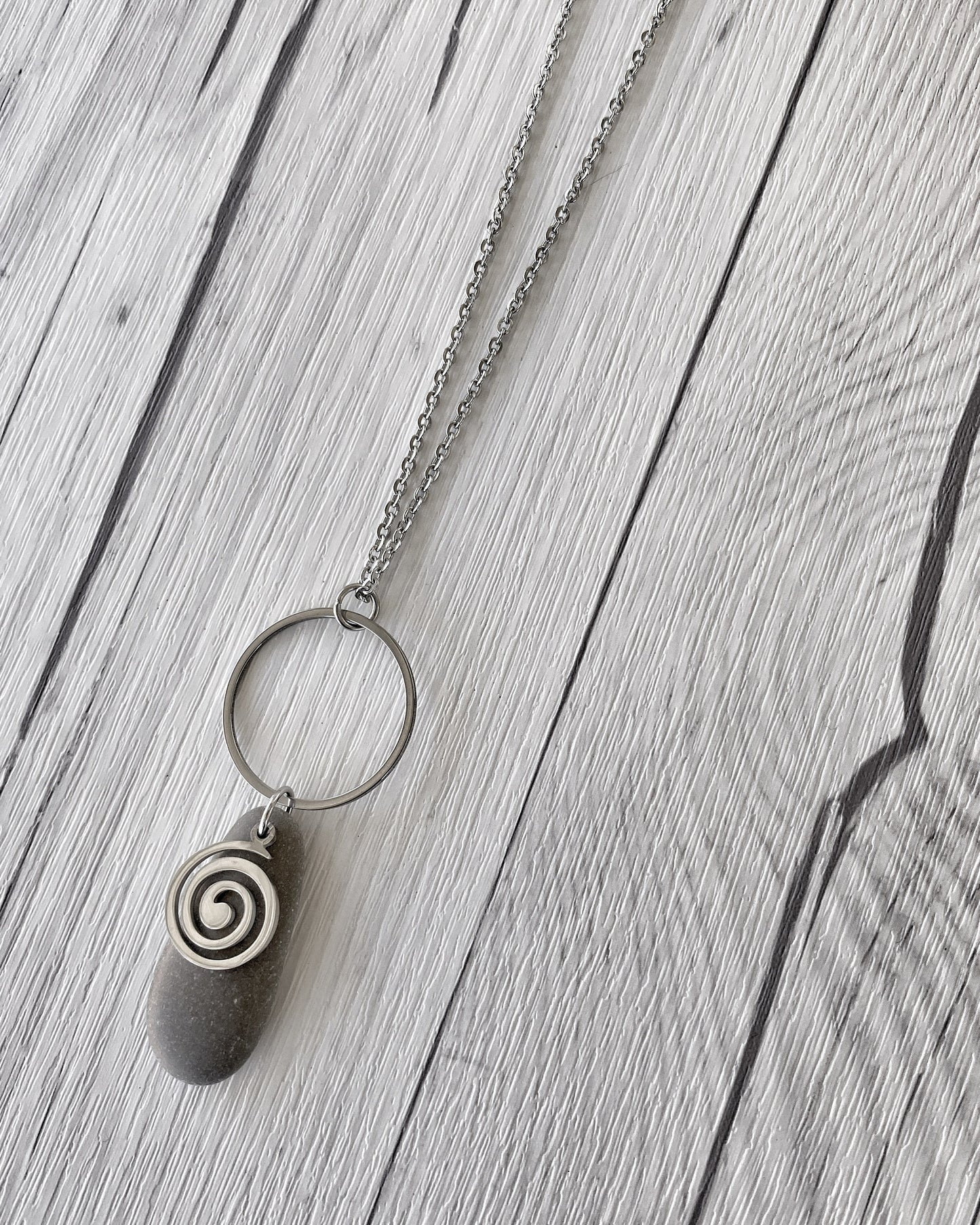 Minimalist Stone & Spiral Necklace - Minimalist Silver Pendant - Beach Pebble Necklace - Beach Stone Necklace - Statement Necklace