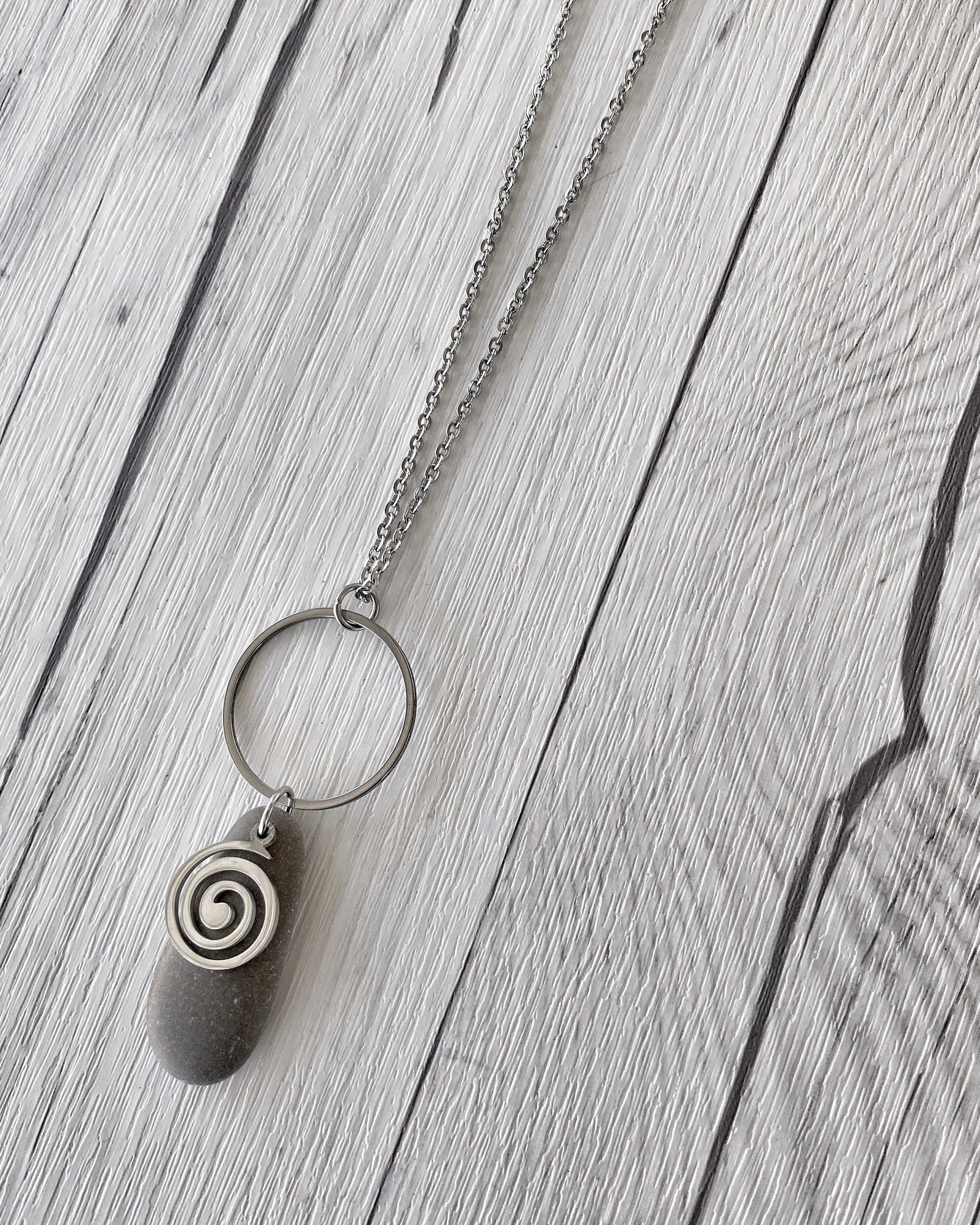 Minimalist Stone & Spiral Necklace - Minimalist Silver Pendant - Beach Pebble Necklace - Beach Stone Necklace - Statement Necklace