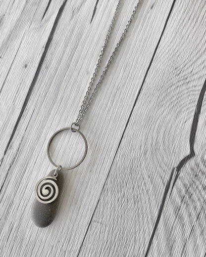 Minimalist Stone & Spiral Necklace - Minimalist Silver Pendant - Beach Pebble Necklace - Beach Stone Necklace - Statement Necklace