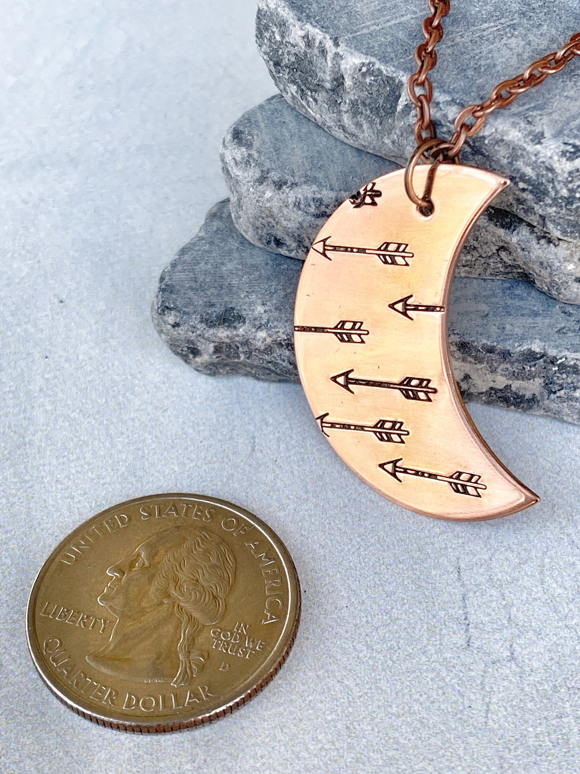Ellie B's Creations - Crescent Moon Arrows Necklace - Archery Necklace - Hand Stamped Nature Necklace - Boho Pendant