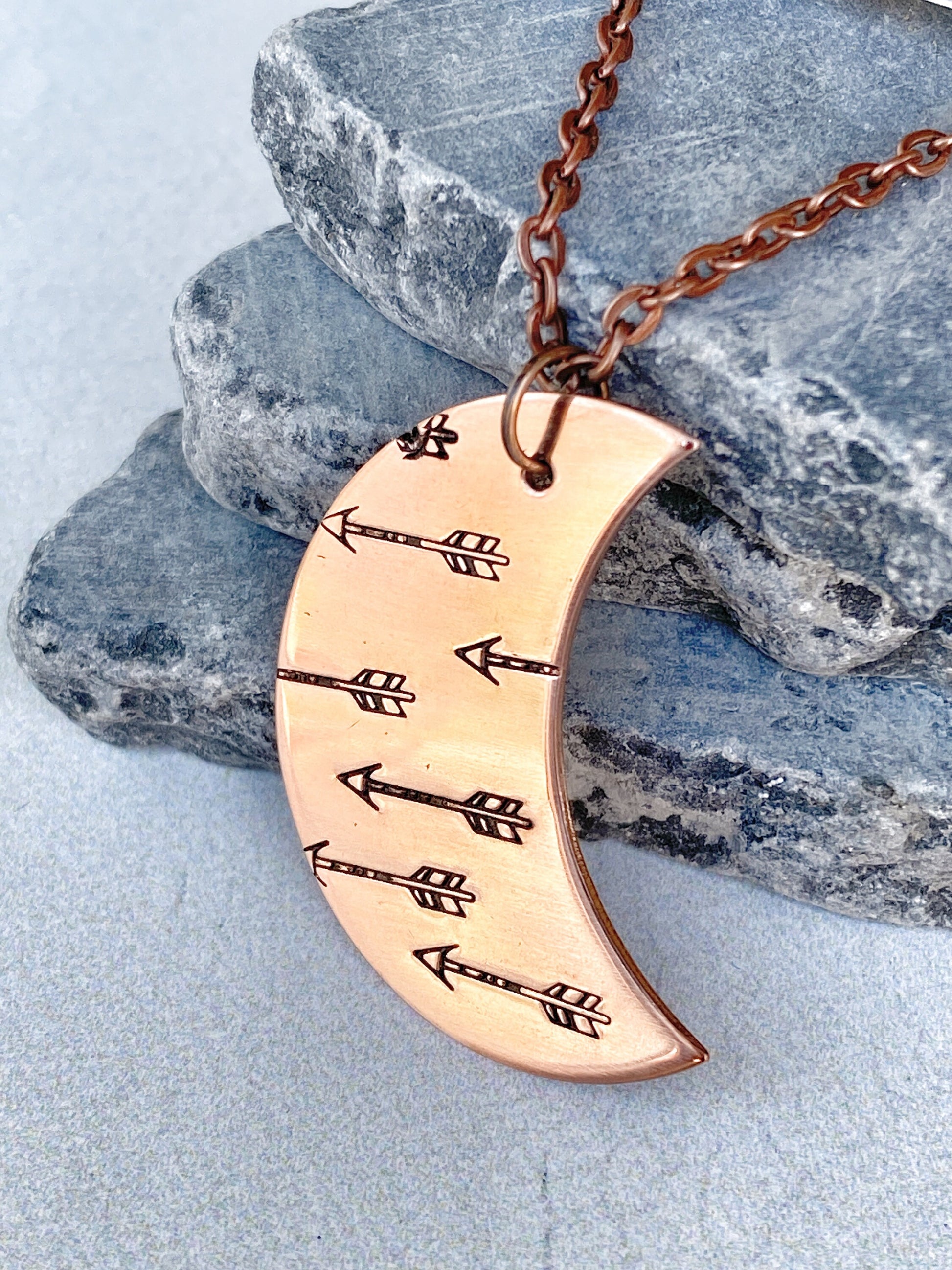 Ellie B's Creations - Crescent Moon Arrows Necklace - Archery Necklace - Hand Stamped Nature Necklace - Boho Pendant
