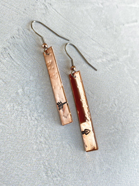 Ellie B's Creations - Hammered Copper Split Arrow Earrings - Archery Earrings - Hand Stamped Dangle Earrings - Long Copper Earrings