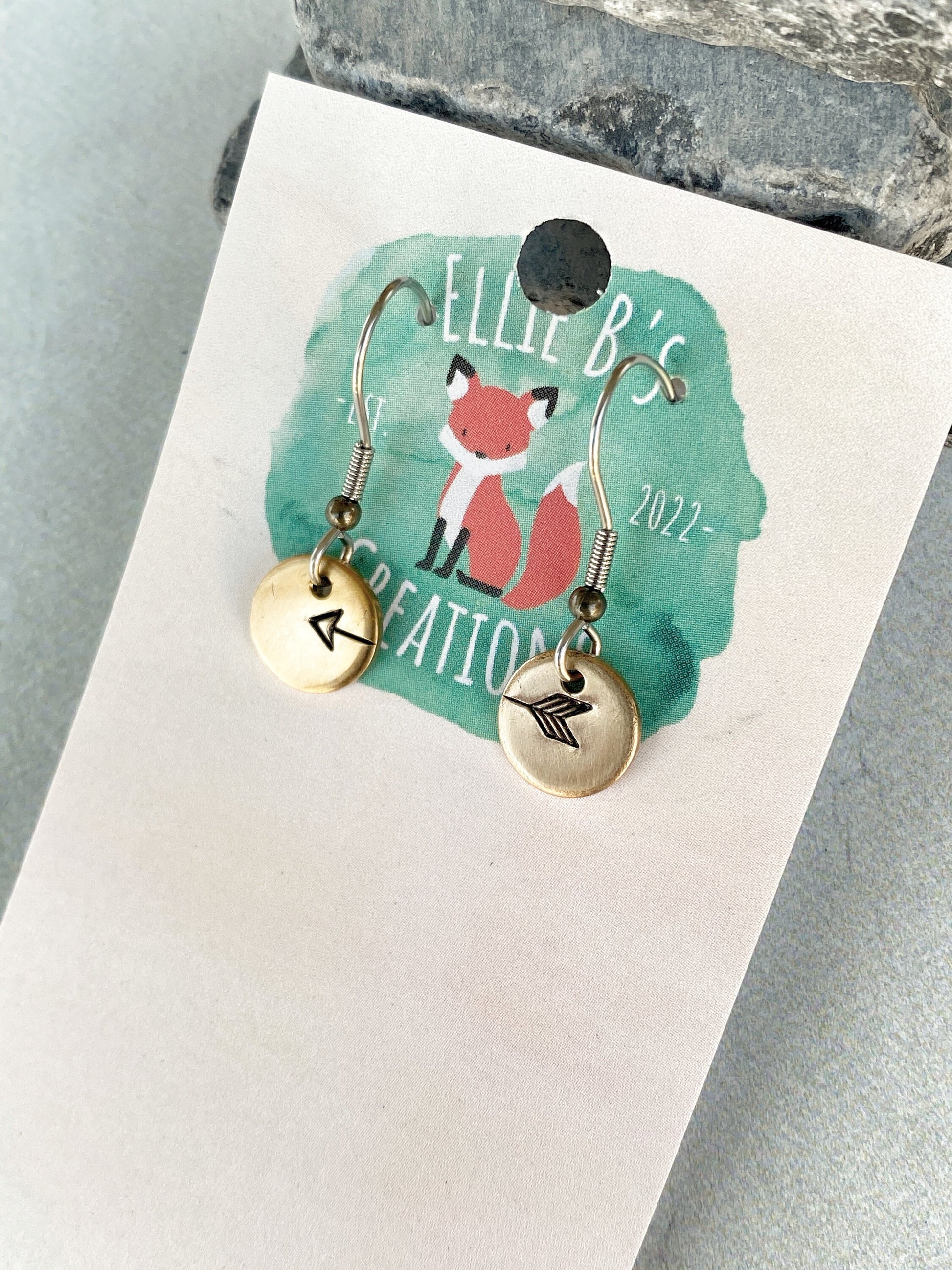 Ellie B's Creations - Round Bronze Split Arrow Earrings - Minimalist Archery Earrings - Hand Stamped Dainty Dangle Earrings