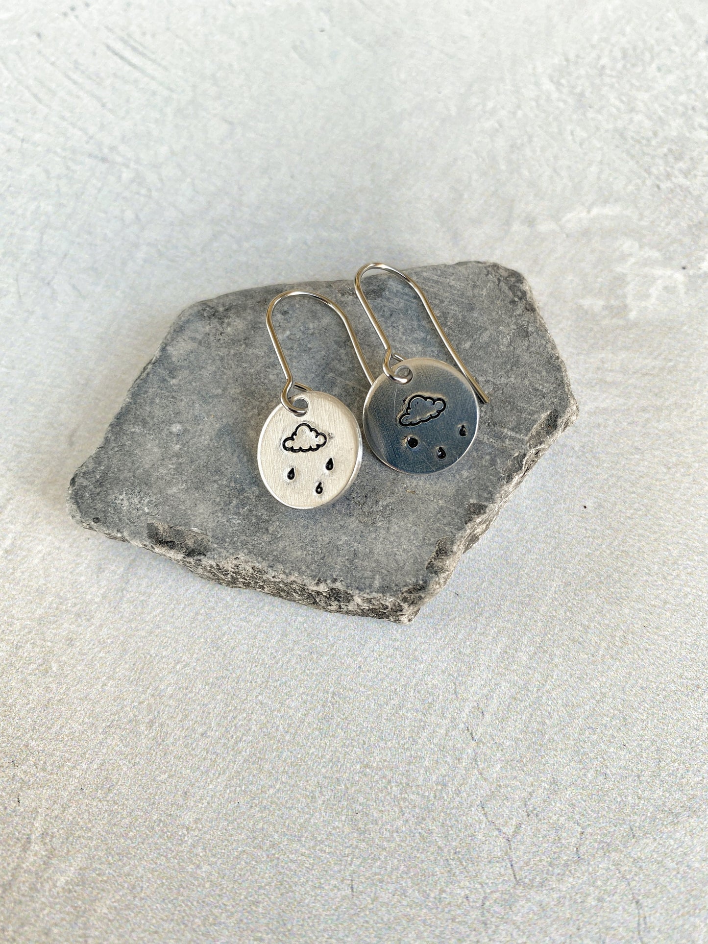 Ellie B's Creations - Round Aluminum Raincloud Earrings - Minimalist Cloud Earrings - Hand Stamped Simple Earrings - Rainstorm Earrings