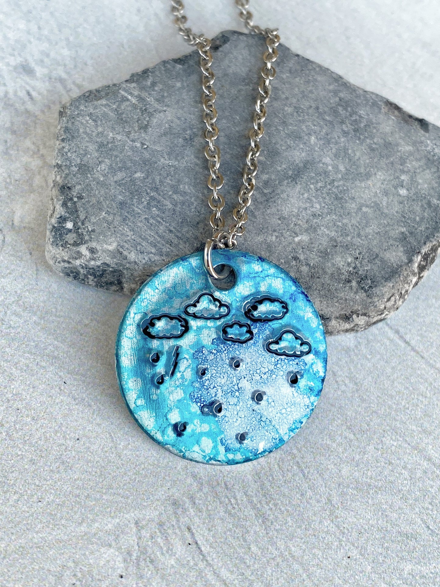 Ellie B's Creations - Round Blue Aluminum Rainstorm Pendant - Storm Necklace - Hand Stamped Cloud Necklace - Rainstorm Necklace