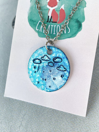 Ellie B's Creations - Round Blue Aluminum Rainstorm Pendant - Storm Necklace - Hand Stamped Cloud Necklace - Rainstorm Necklace