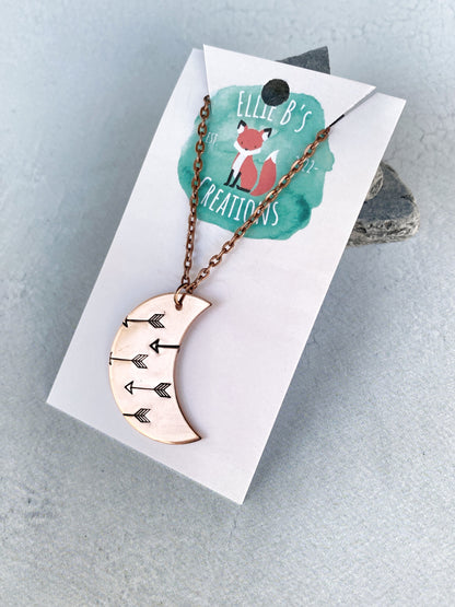 Ellie B's Creations - Crescent Moon Arrows Necklace - Archery Necklace - Hand Stamped Nature Necklace - Boho Pendant