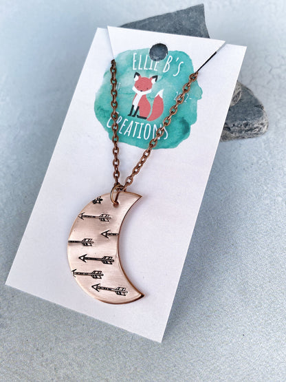 Ellie B's Creations - Crescent Moon Arrows Necklace - Archery Necklace - Hand Stamped Nature Necklace - Boho Pendant
