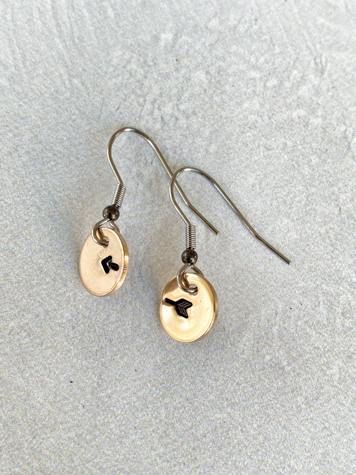 Ellie B's Creations - Round Bronze Split Arrow Earrings - Minimalist Archery Earrings - Hand Stamped Dainty Dangle Earrings