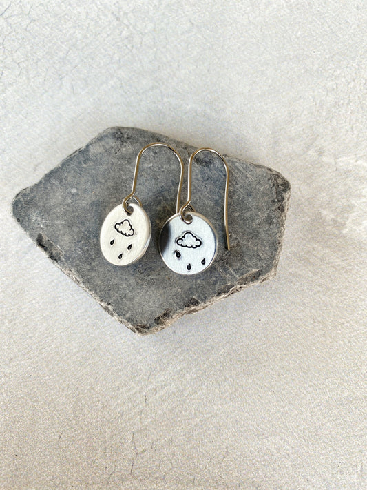 Ellie B's Creations - Round Aluminum Raincloud Earrings - Minimalist Cloud Earrings - Hand Stamped Simple Earrings - Rainstorm Earrings