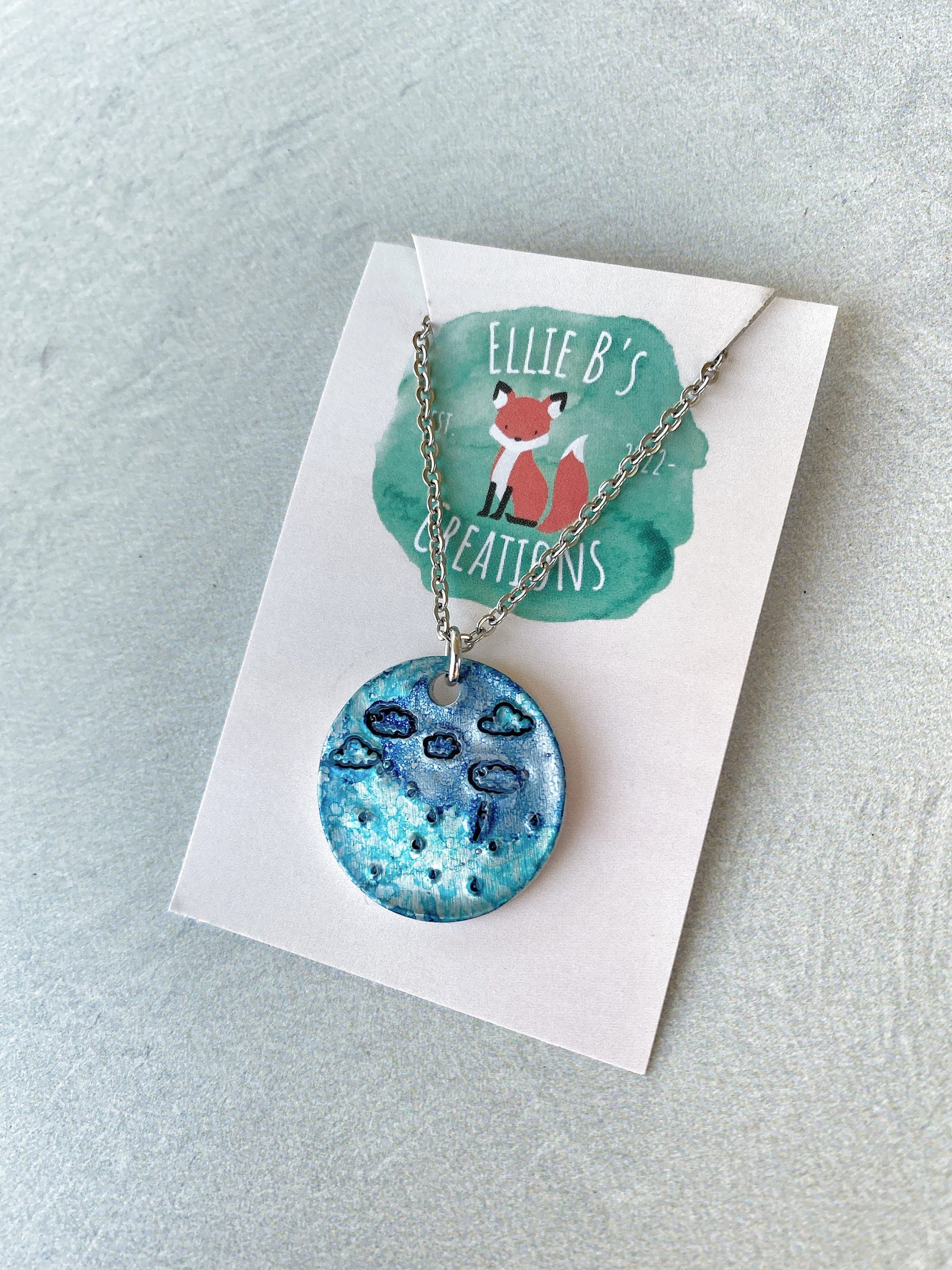 Ellie B's Creations - Round Blue Aluminum Rainstorm Pendant - Storm Necklace - Hand Stamped Cloud Necklace - Rainstorm Necklace