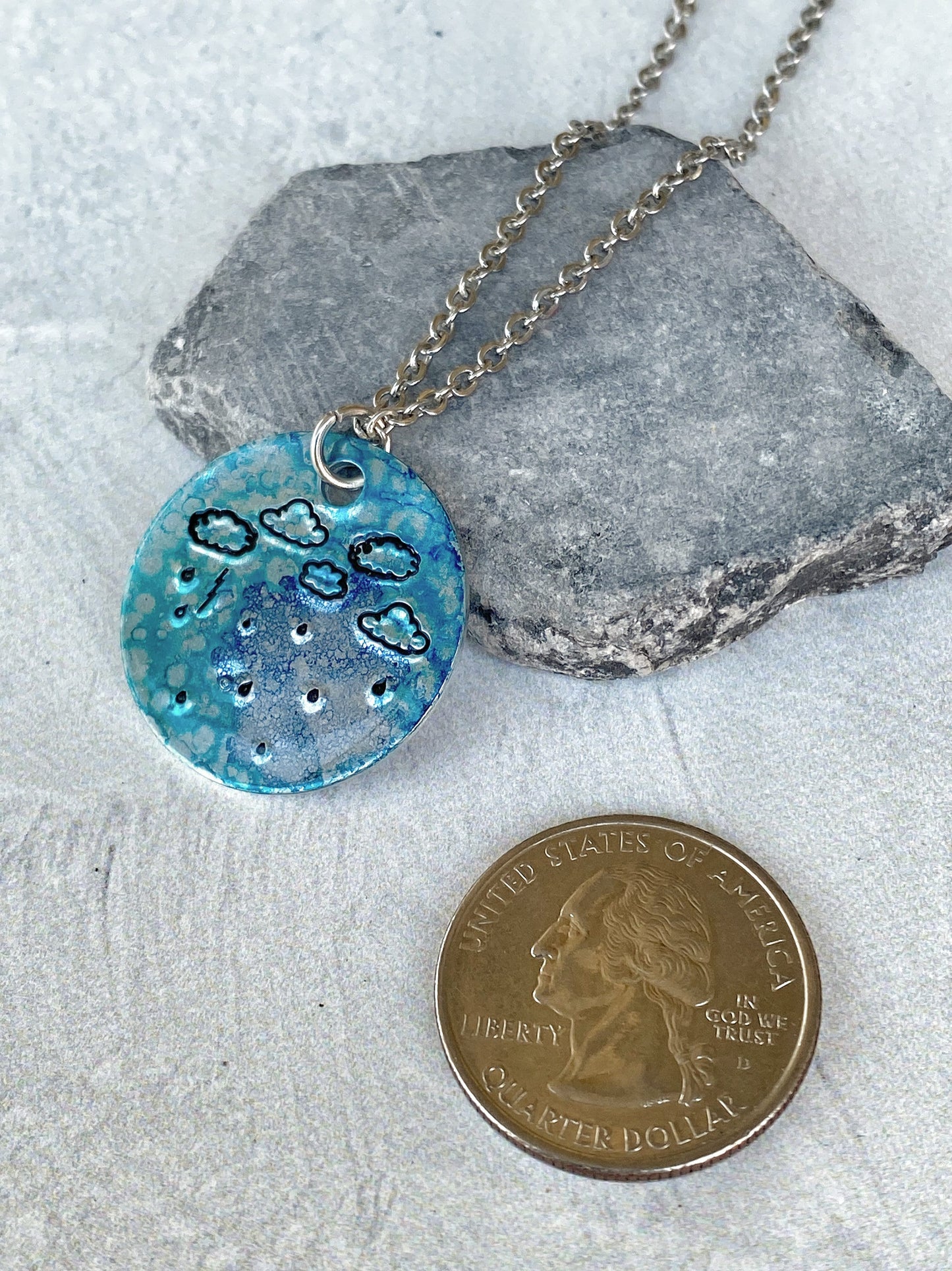 Ellie B's Creations - Round Blue Aluminum Rainstorm Pendant - Storm Necklace - Hand Stamped Cloud Necklace - Rainstorm Necklace