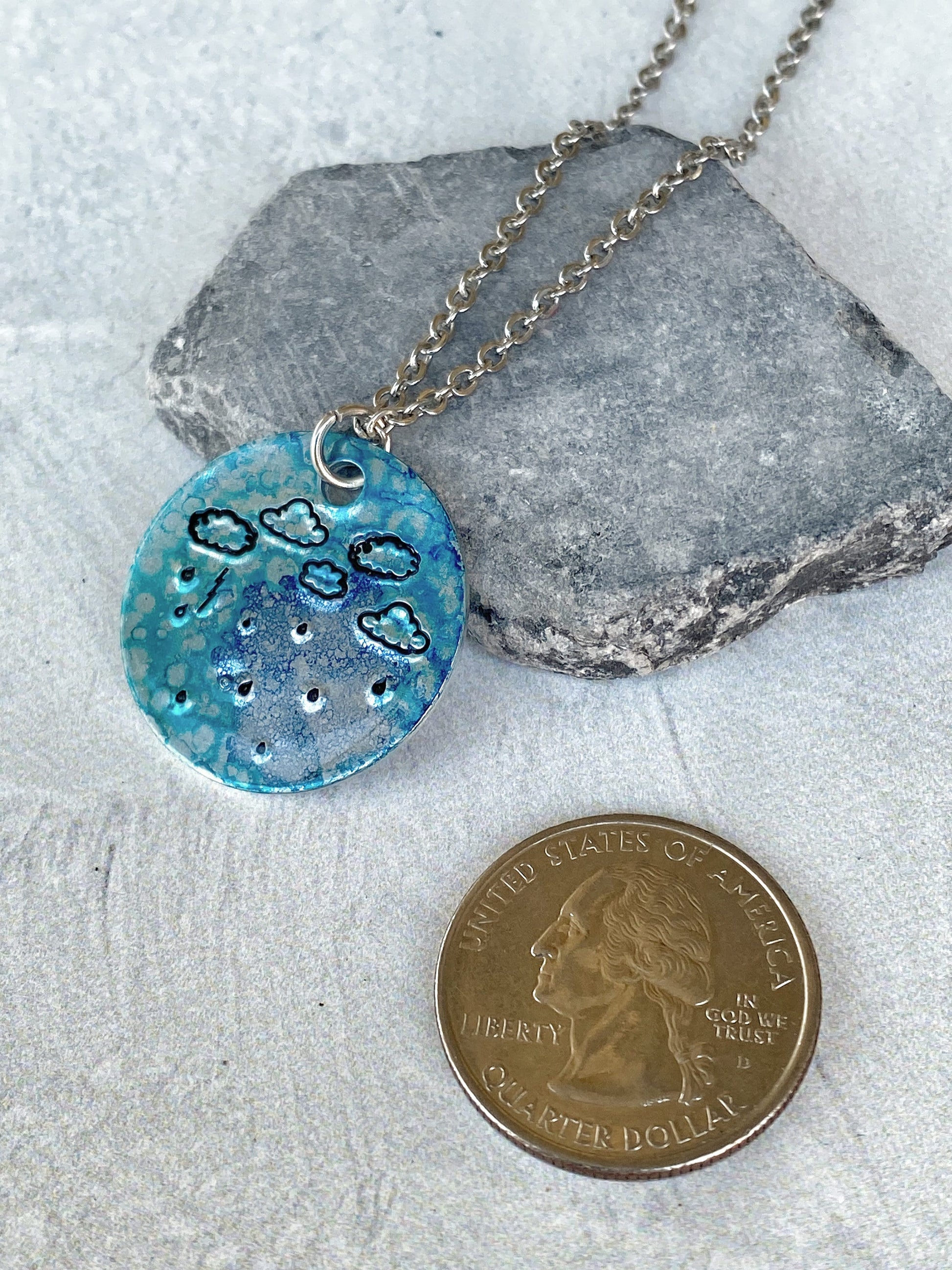 Ellie B's Creations - Round Blue Aluminum Rainstorm Pendant - Storm Necklace - Hand Stamped Cloud Necklace - Rainstorm Necklace