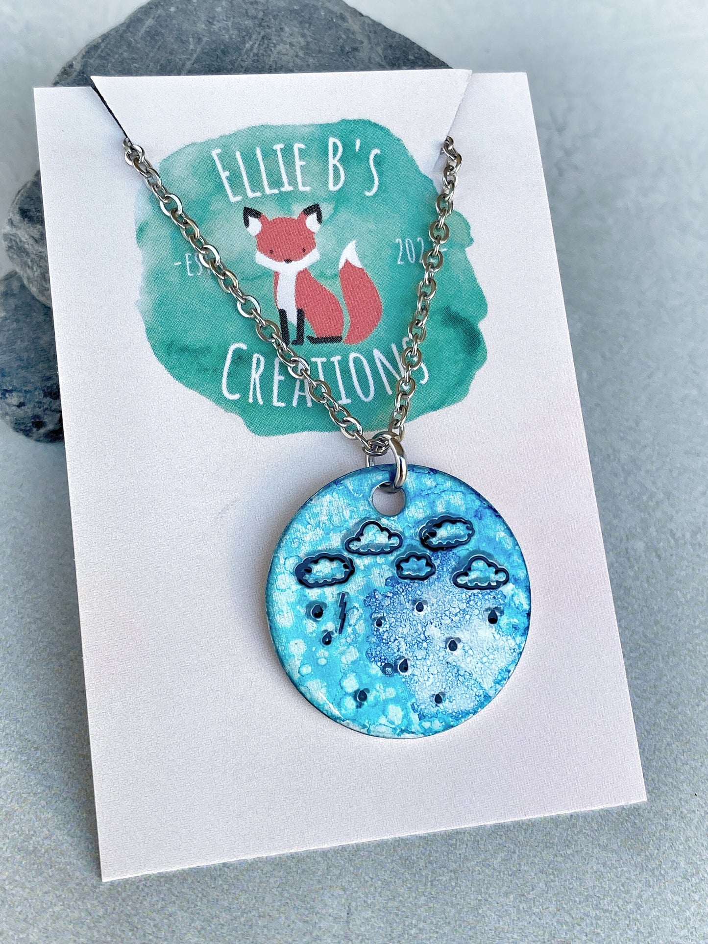 Ellie B's Creations - Round Blue Aluminum Rainstorm Pendant - Storm Necklace - Hand Stamped Cloud Necklace - Rainstorm Necklace