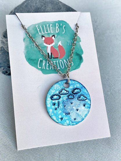 Ellie B's Creations - Round Blue Aluminum Rainstorm Pendant - Storm Necklace - Hand Stamped Cloud Necklace - Rainstorm Necklace