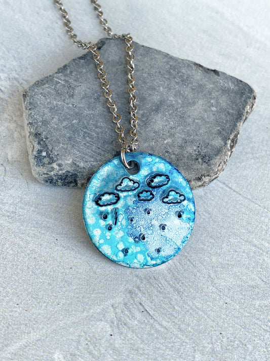 Ellie B's Creations - Round Blue Aluminum Rainstorm Pendant - Storm Necklace - Hand Stamped Cloud Necklace - Rainstorm Necklace