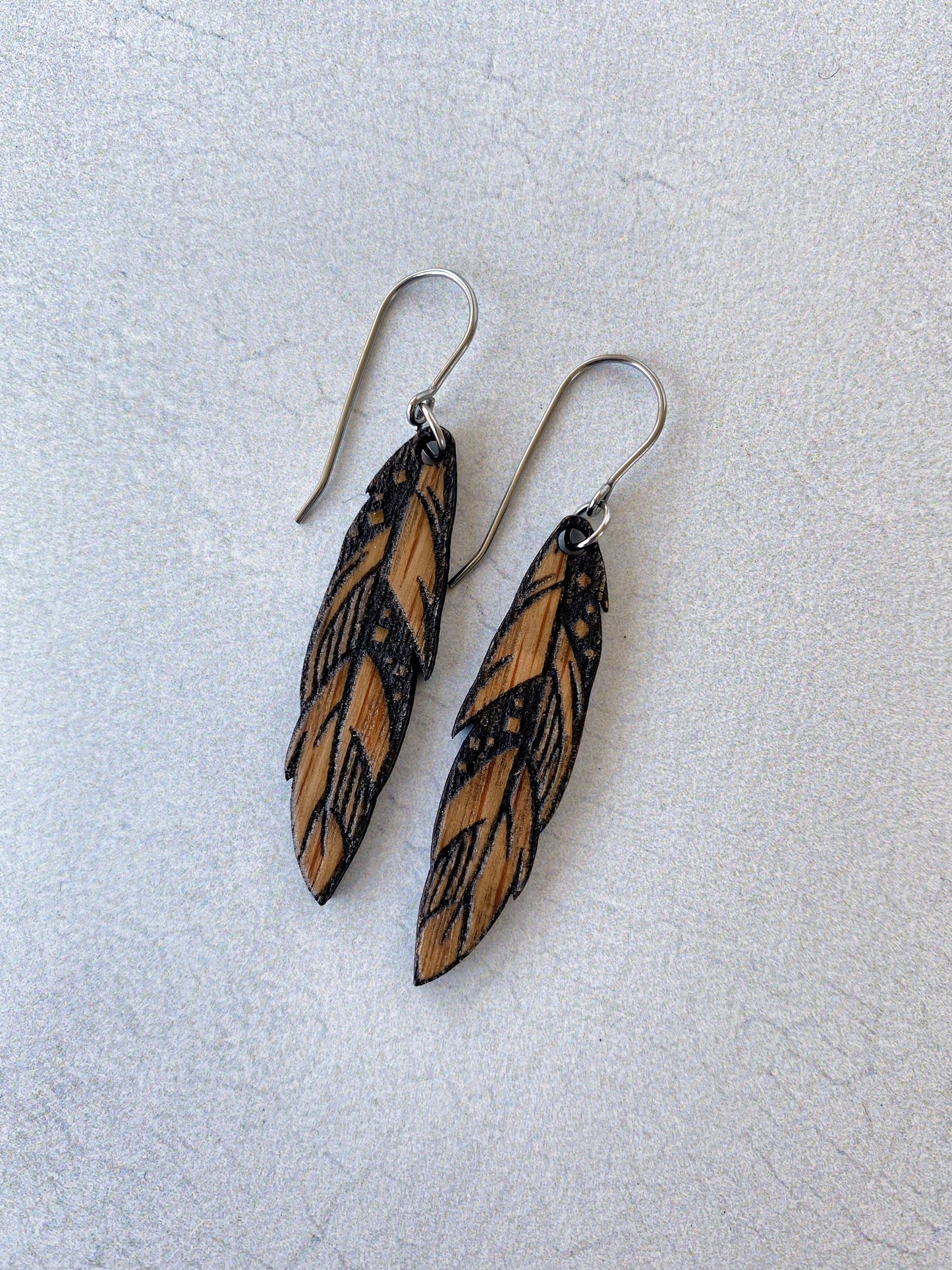 Wood Feather Earrings  - White Oak Engraved Feather Earrings - Laser Cut Earrings - Feather Dangle Earrings - Oak Dangle Earrings