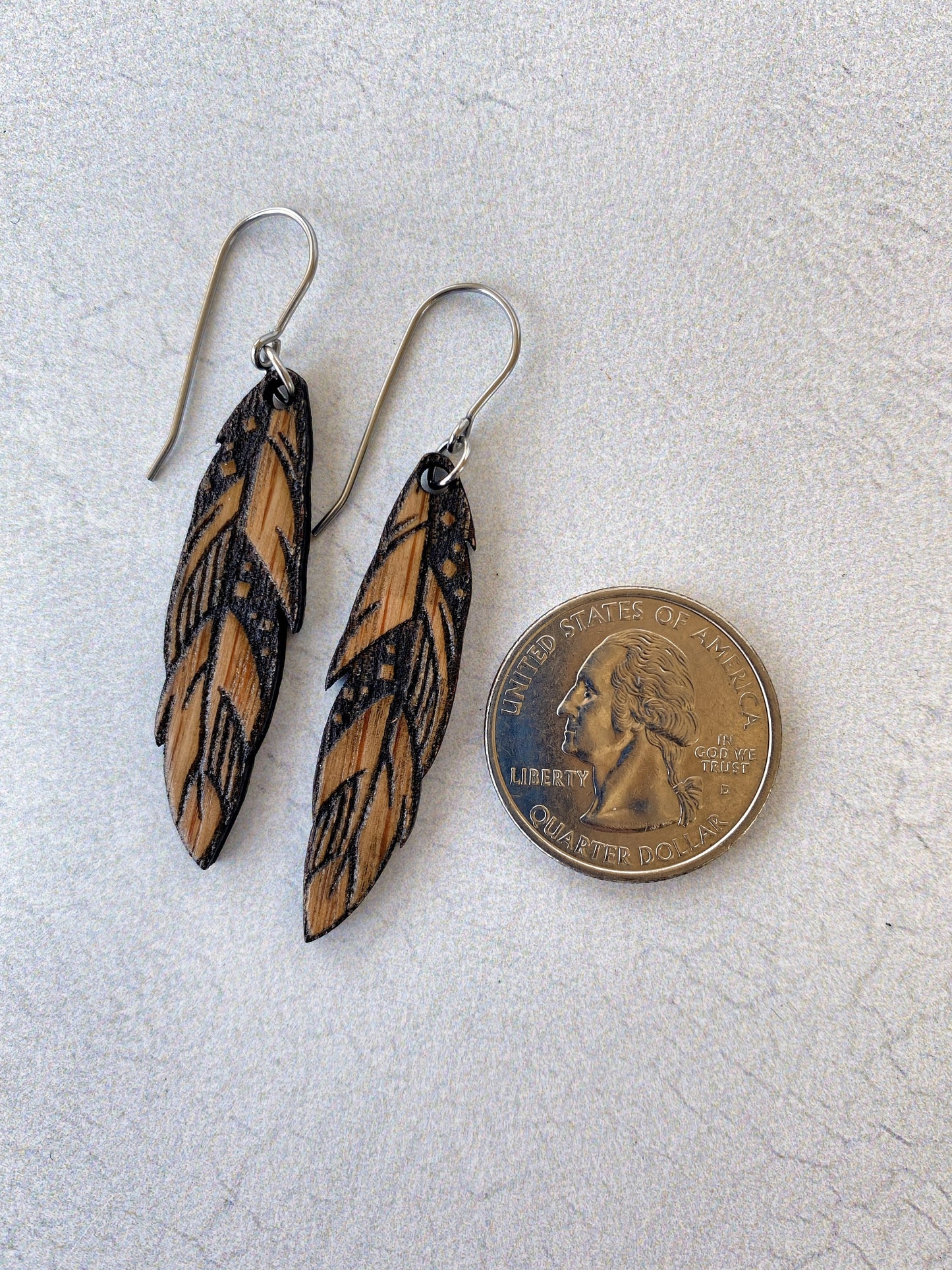 Wood Feather Earrings  - White Oak Engraved Feather Earrings - Laser Cut Earrings - Feather Dangle Earrings - Oak Dangle Earrings