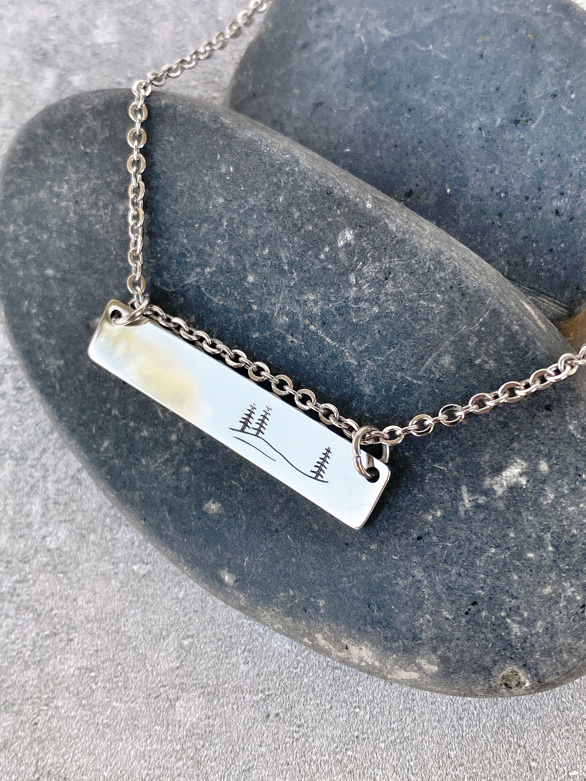 Rolling Hills and Pines Necklace - Forest Necklace - 18" Stainless Steel Stamped Camping Bar Necklace - Minimalist Nature Bar Necklace