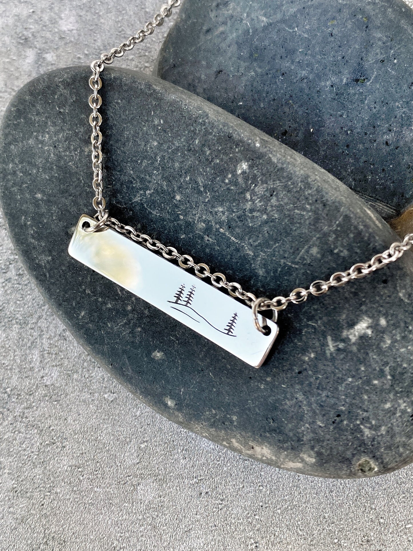 Rolling Hills and Pines Necklace - Forest Necklace - 18" Stainless Steel Stamped Camping Bar Necklace - Minimalist Nature Bar Necklace