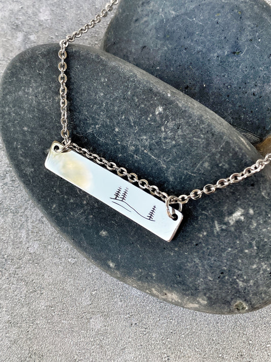 Rolling Hills and Pines Necklace - Forest Necklace - 18" Stainless Steel Stamped Camping Bar Necklace - Minimalist Nature Bar Necklace