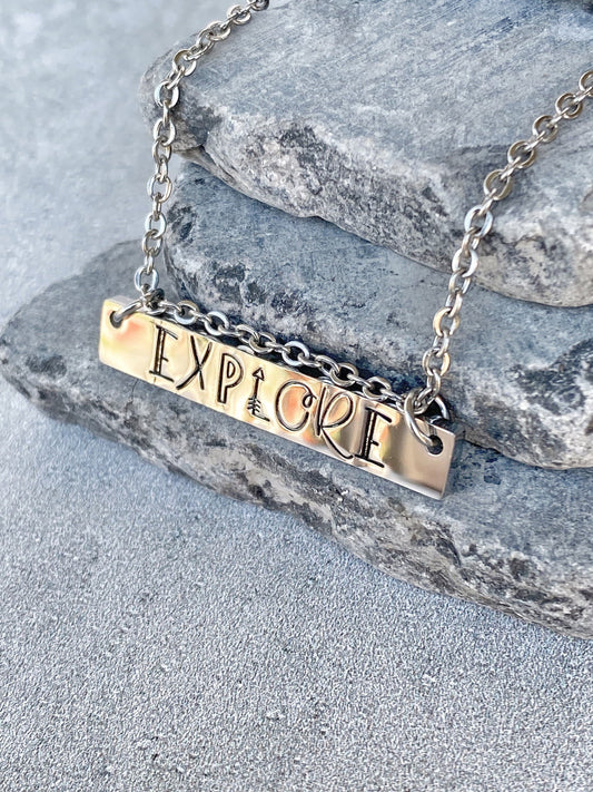 Explore Necklace - Travel Adventure Necklace - 18" Stainless Steel Stamped Wanderlust Bar Necklace - Camping Necklace - Travel Necklace