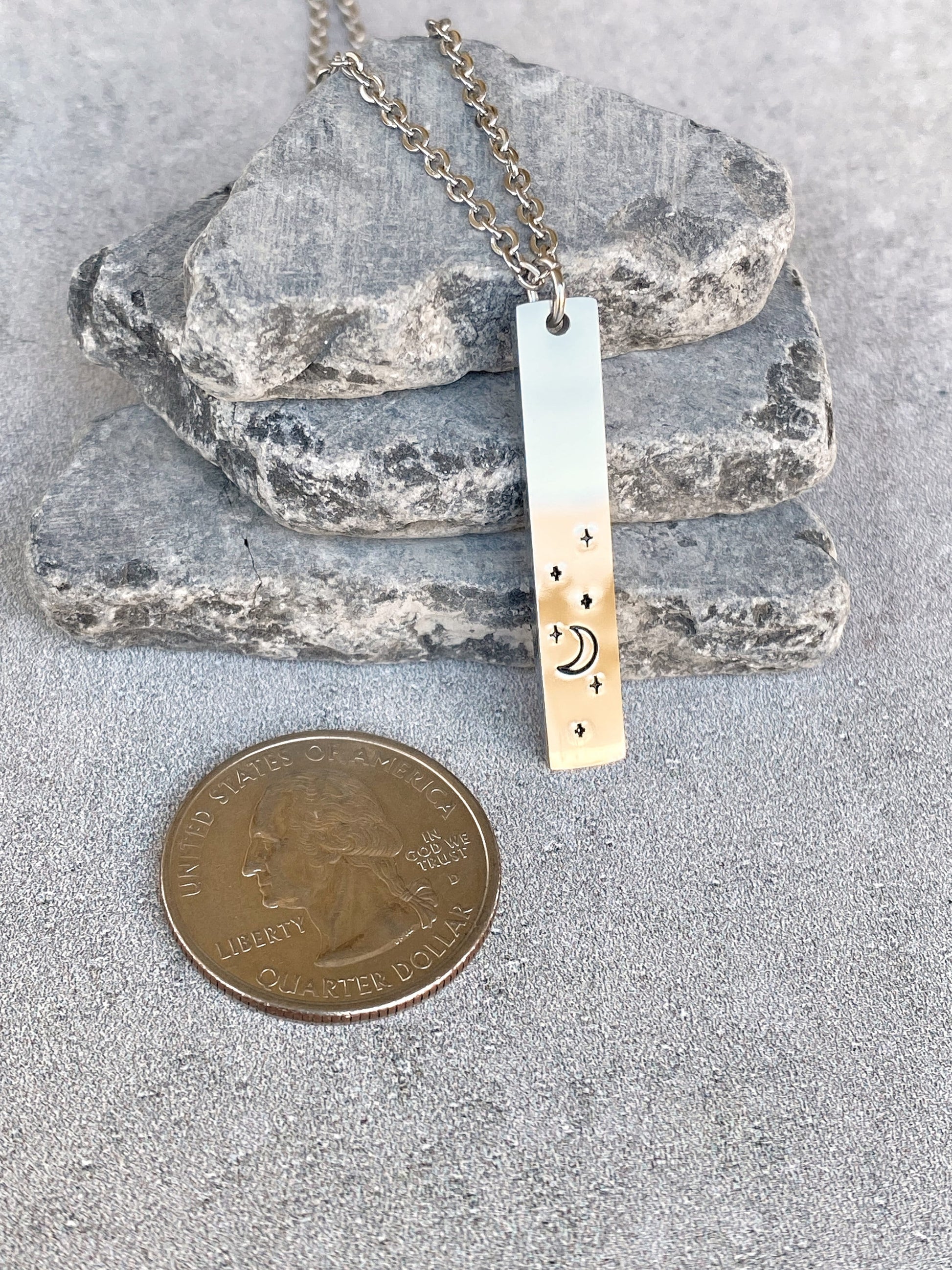 Night Sky Necklace - Crescent Moon Pendant - Stainless Steel Stamped Moon and Stars Necklace - Minimalist Moon Necklace