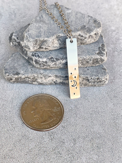 Night Sky Necklace - Crescent Moon Pendant - Stainless Steel Stamped Moon and Stars Necklace - Minimalist Moon Necklace