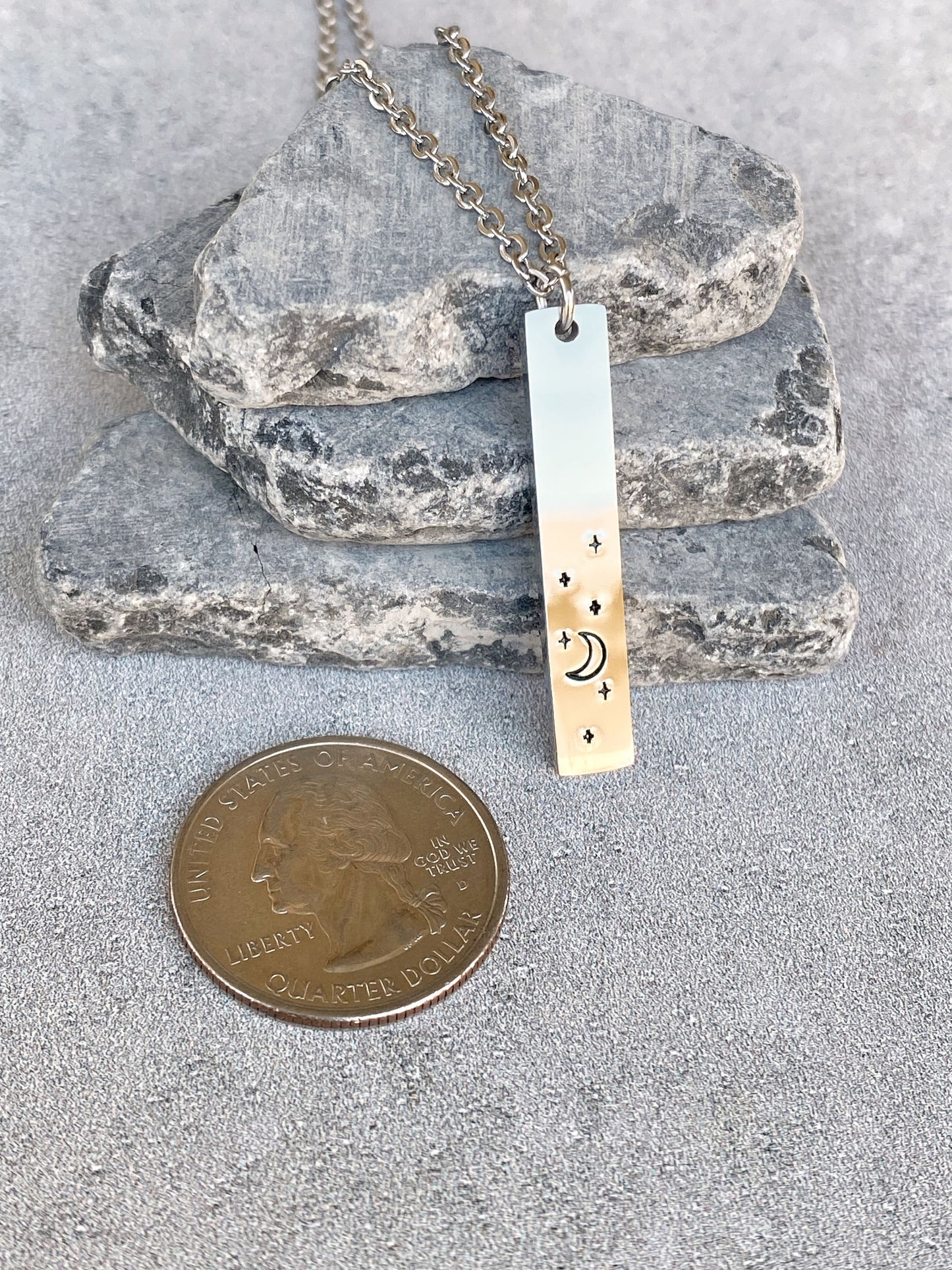 Night Sky Necklace - Crescent Moon Pendant - Stainless Steel Stamped Moon and Stars Necklace - Minimalist Moon Necklace