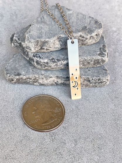 Night Sky Necklace - Crescent Moon Pendant - Stainless Steel Stamped Moon and Stars Necklace - Minimalist Moon Necklace