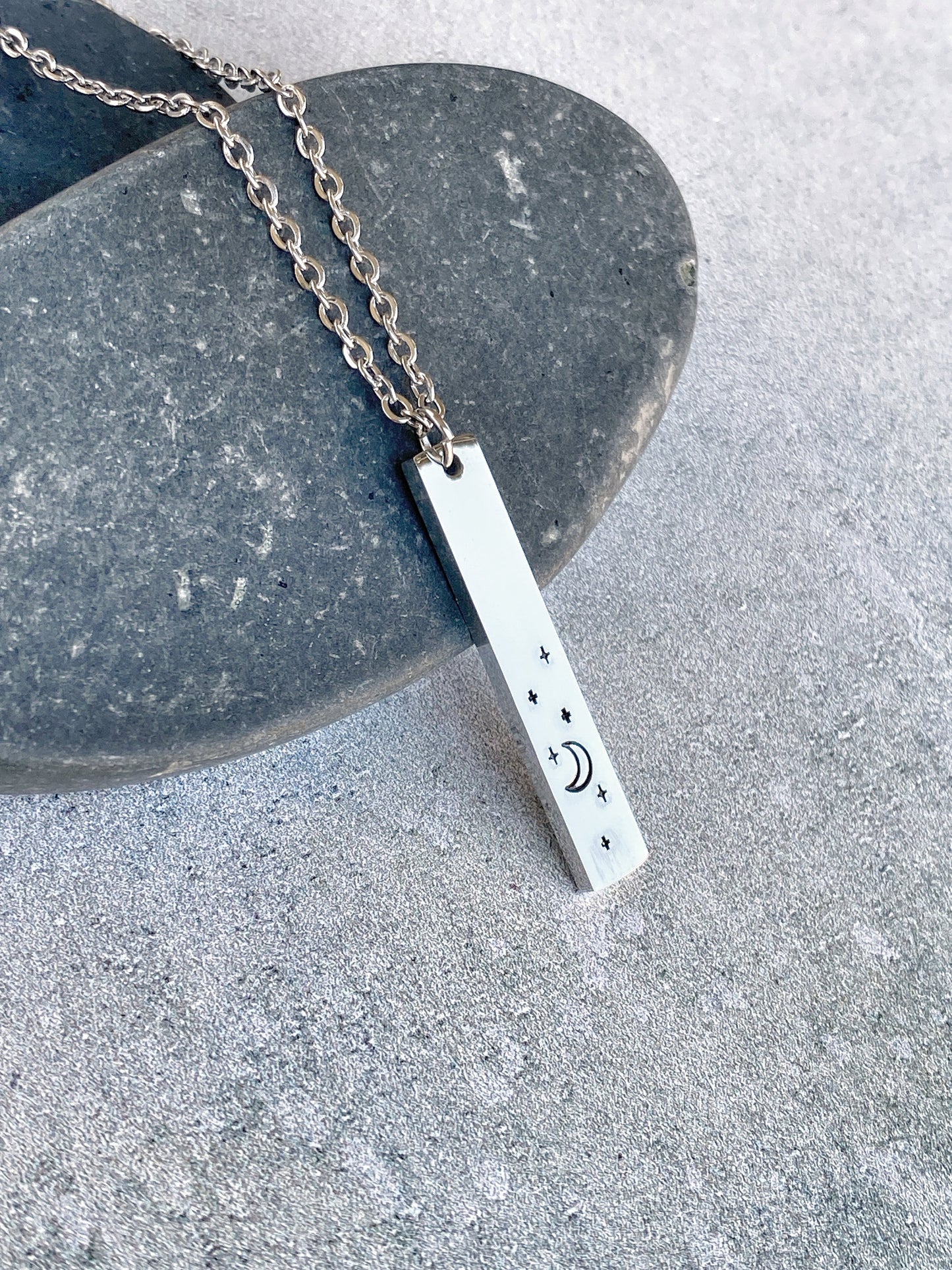 Night Sky Necklace - Crescent Moon Pendant - Stainless Steel Stamped Moon and Stars Necklace - Minimalist Moon Necklace