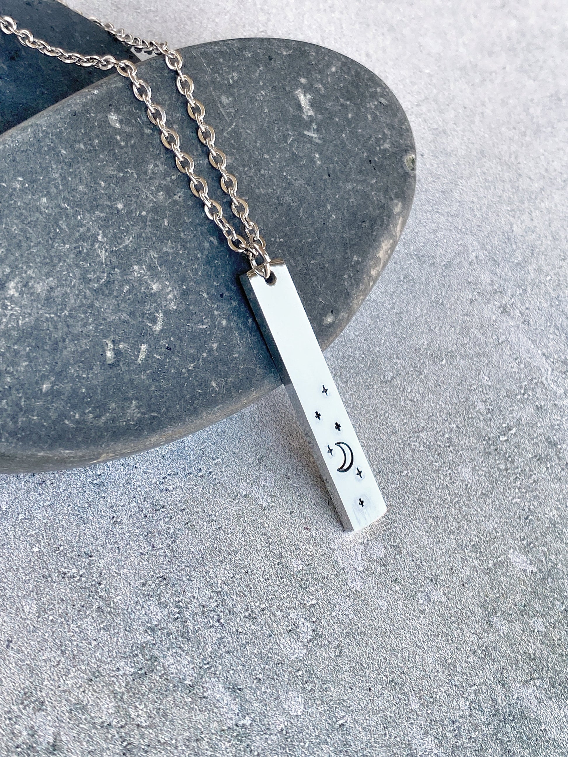 Night Sky Necklace - Crescent Moon Pendant - Stainless Steel Stamped Moon and Stars Necklace - Minimalist Moon Necklace