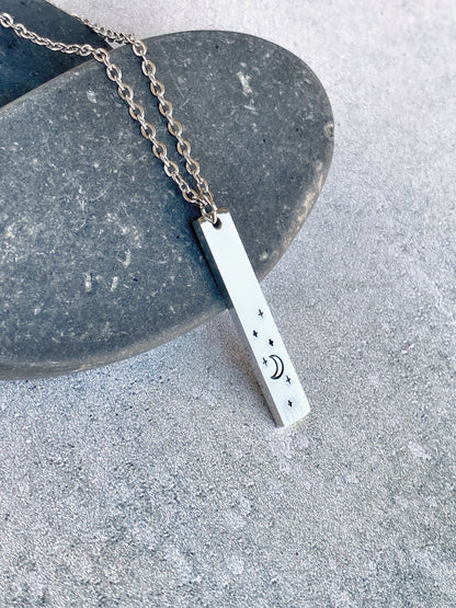 Night Sky Necklace - Crescent Moon Pendant - Stainless Steel Stamped Moon and Stars Necklace - Minimalist Moon Necklace