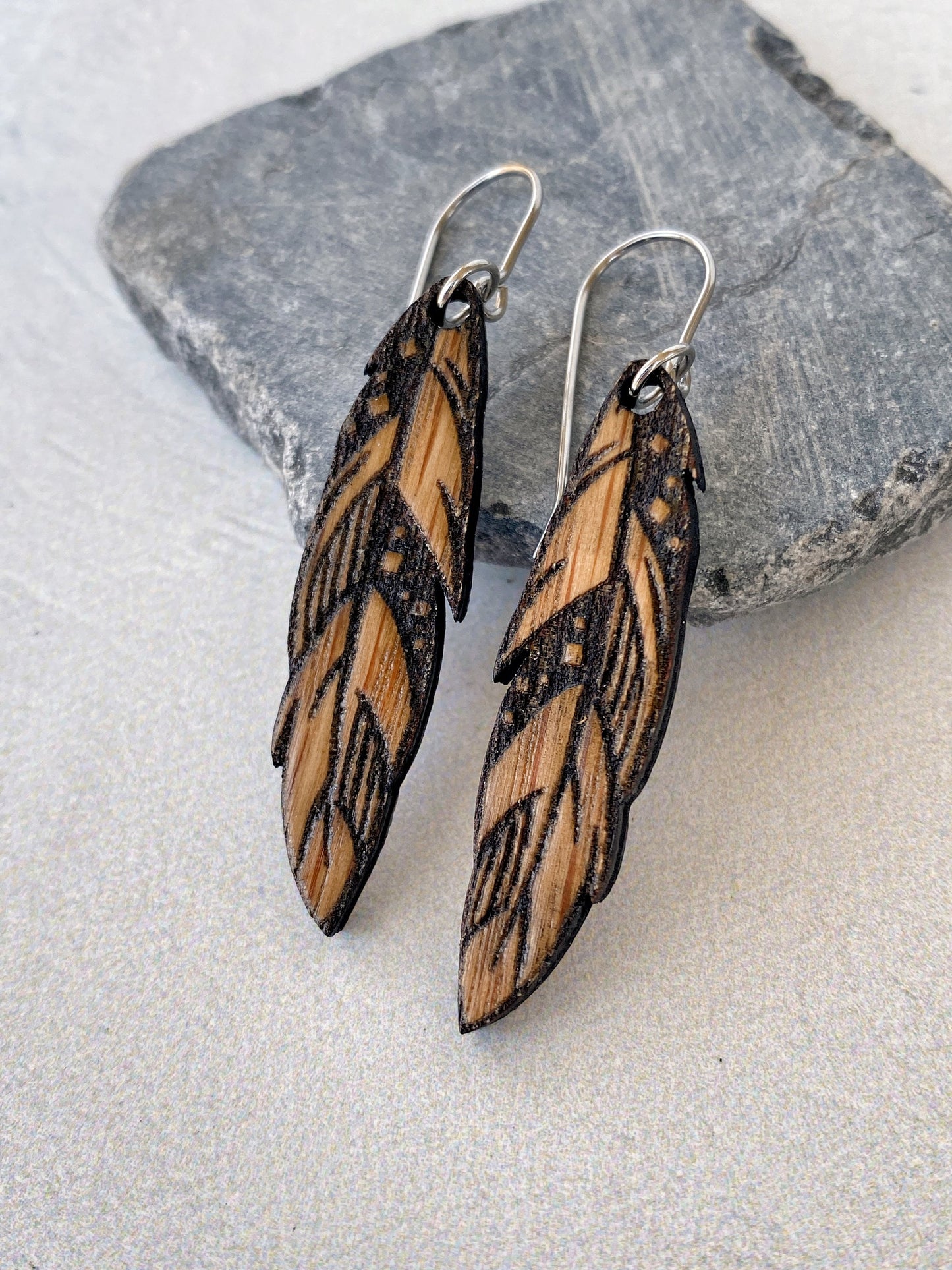 Wood Feather Earrings  - White Oak Engraved Feather Earrings - Laser Cut Earrings - Feather Dangle Earrings - Oak Dangle Earrings