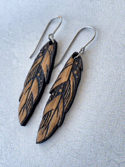 Wood Feather Earrings  - White Oak Engraved Feather Earrings - Laser Cut Earrings - Feather Dangle Earrings - Oak Dangle Earrings