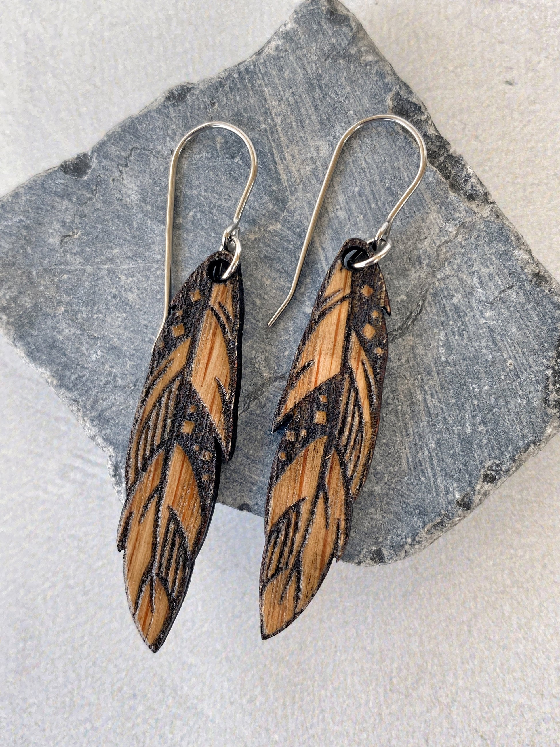 Wood Feather Earrings  - White Oak Engraved Feather Earrings - Laser Cut Earrings - Feather Dangle Earrings - Oak Dangle Earrings