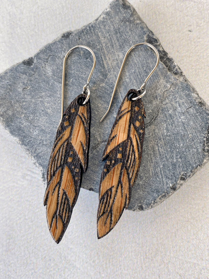 Wood Feather Earrings  - White Oak Engraved Feather Earrings - Laser Cut Earrings - Feather Dangle Earrings - Oak Dangle Earrings