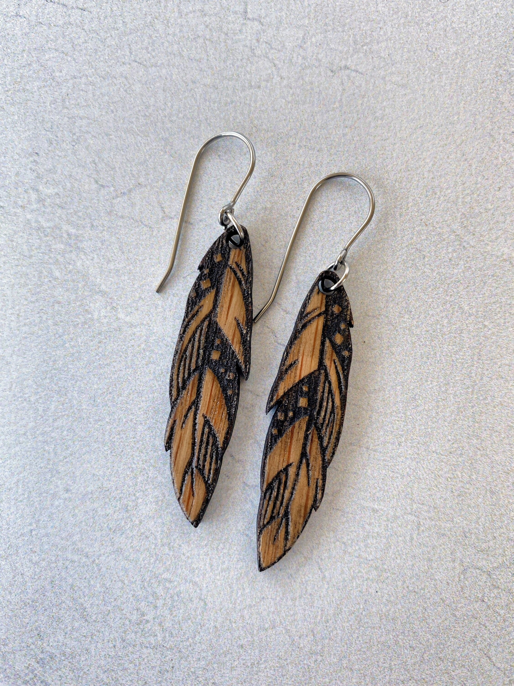 Wood Feather Earrings  - White Oak Engraved Feather Earrings - Laser Cut Earrings - Feather Dangle Earrings - Oak Dangle Earrings