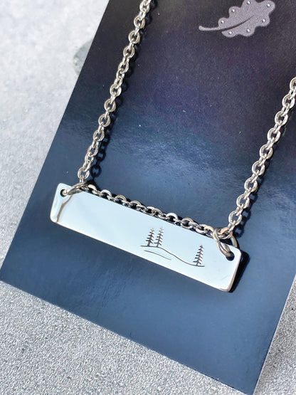 Rolling Hills and Pines Necklace - Forest Necklace - 18" Stainless Steel Stamped Camping Bar Necklace - Minimalist Nature Bar Necklace
