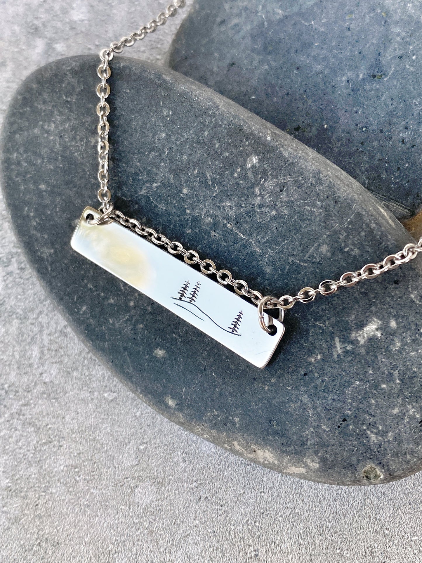 Rolling Hills and Pines Necklace - Forest Necklace - 18" Stainless Steel Stamped Camping Bar Necklace - Minimalist Nature Bar Necklace