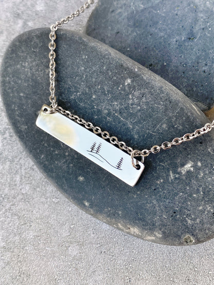 Rolling Hills and Pines Necklace - Forest Necklace - 18" Stainless Steel Stamped Camping Bar Necklace - Minimalist Nature Bar Necklace