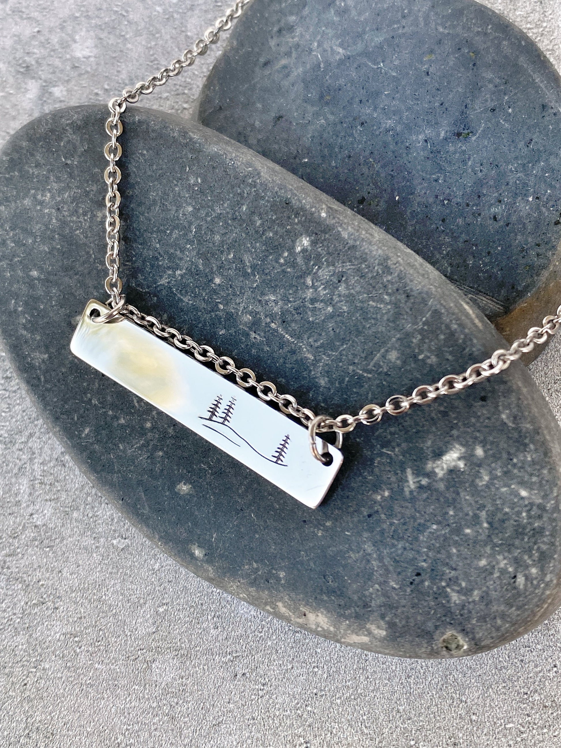 Rolling Hills and Pines Necklace - Forest Necklace - 18" Stainless Steel Stamped Camping Bar Necklace - Minimalist Nature Bar Necklace
