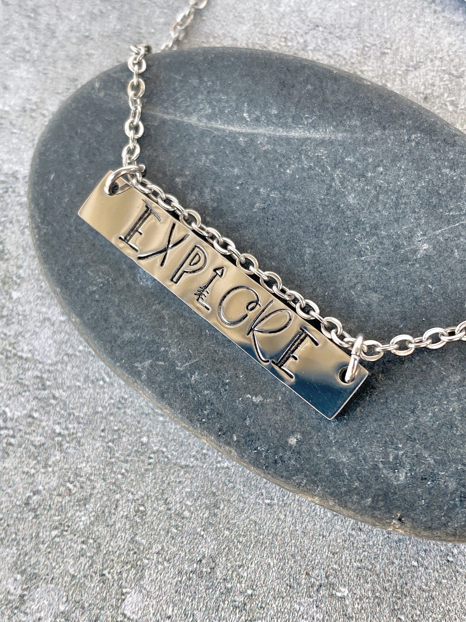 Explore Necklace - Travel Adventure Necklace - 18" Stainless Steel Stamped Wanderlust Bar Necklace - Camping Necklace - Travel Necklace