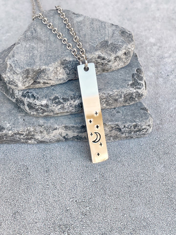 Night Sky Necklace - Crescent Moon Pendant - Stainless Steel Stamped Moon and Stars Necklace - Minimalist Moon Necklace