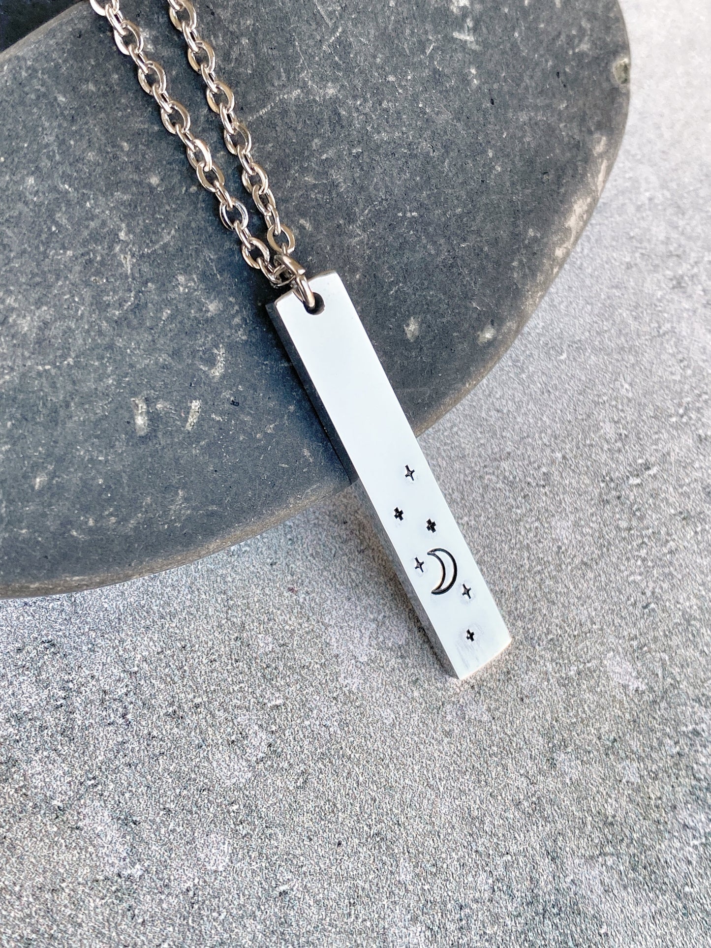 Night Sky Necklace - Crescent Moon Pendant - Stainless Steel Stamped Moon and Stars Necklace - Minimalist Moon Necklace