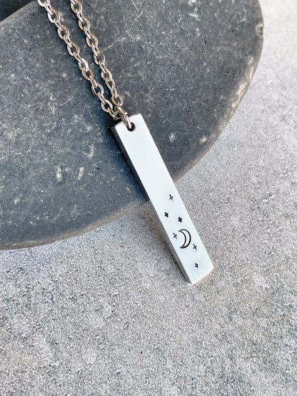 Night Sky Necklace - Crescent Moon Pendant - Stainless Steel Stamped Moon and Stars Necklace - Minimalist Moon Necklace